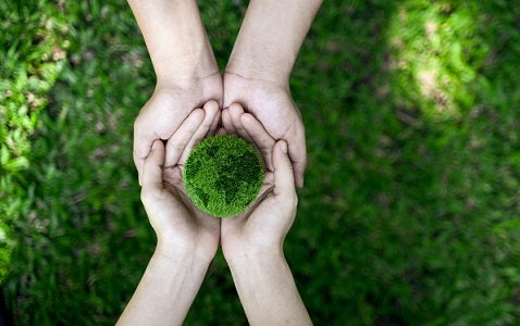 Two pairs of hands holding a small earth made from grass